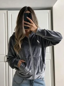 SHEIN 青少年女孩時尚休閒天鵝絨拉鍊運動外套，適合日常外出、校園及各種場合，春秋季外套，季節過渡夾克，運動外套 - 灰色 - 查看 2