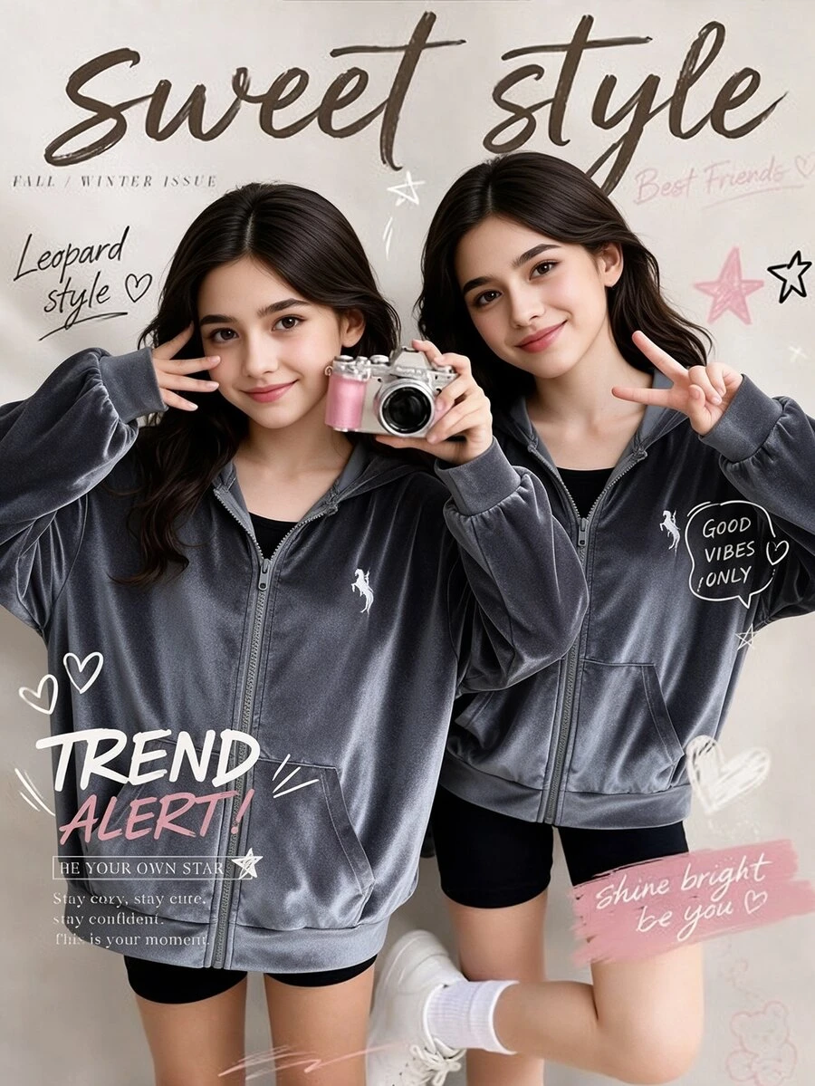 SHEIN 青少年女孩時尚休閒天鵝絨拉鍊運動外套,適合日常外出、校園及各種場合,春秋季外套,季節過渡夾克,運動外套 - 灰色 - 查看 1
