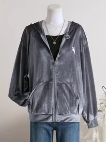 SHEIN 青少年女孩時尚休閒天鵝絨拉鍊運動外套，適合日常外出、校園及各種場合，春秋季外套，季節過渡夾克，運動外套 - 灰色 - 查看 5