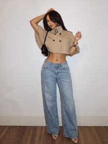 Slaydiva Khaki Cropped Cape Trench Coat | Vintage Short Poncho Jacket-Z - Khaki - View 5