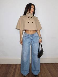 Slaydiva Khaki Cropped Cape Trench Coat | Vintage Short Poncho Jacket-Z - Khaki - View 4