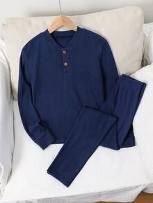 SHEIN 2件組兒童青少年男孩休閒純色保暖內裡加厚圓領長袖T恤與長褲內衣套裝，適合居家穿著，適合疊穿，秋冬季節適用 - 寶藍色 - 查看 1