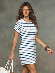 Glimmora Women's Blue And White Stripe Round Neck Short Sleeve Casual Coastal Chic Loose Dress Beach Summer - Multicolor - View 4