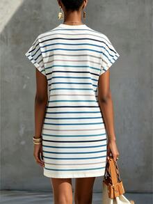 Glimmora Women's Blue And White Stripe Round Neck Short Sleeve Casual Coastal Chic Loose Dress Beach Summer - Multicolor - View 6