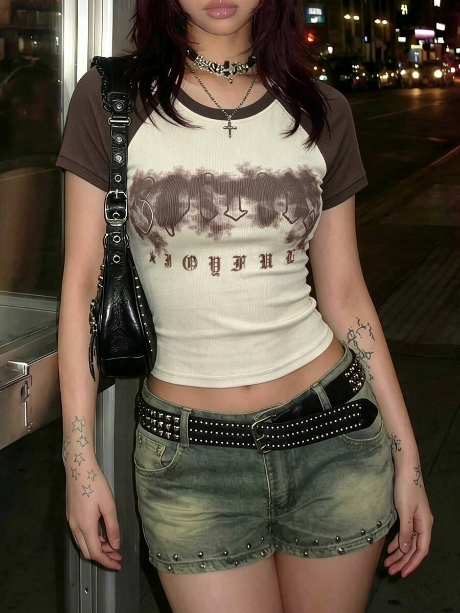 SHEIN LUNE 亞文化街頭酷 Y2K 圖案街頭風復古印花女款圓領 T 恤 外出夜生活白色夏季 - 彩色 - 查看 1