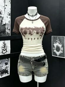 SHEIN LUNE 亞文化街頭酷 Y2K 圖案街頭風復古印花女款圓領 T 恤 外出夜生活白色夏季 - 彩色 - 查看 7