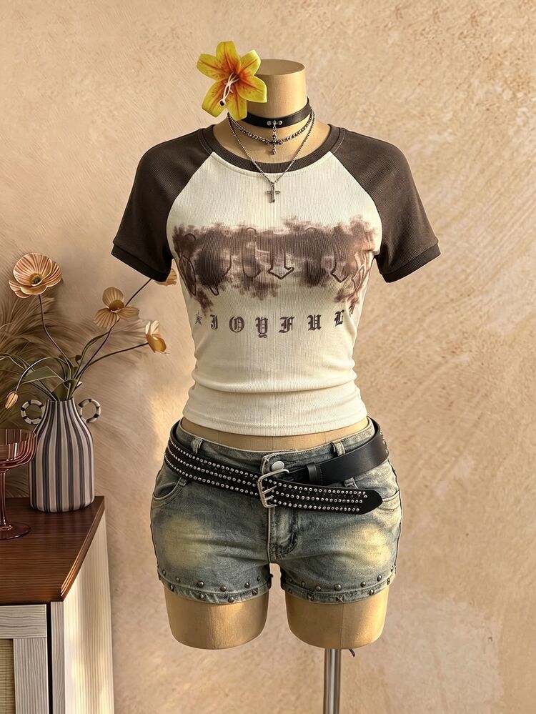 SHEIN LUNE Subculture Street Cool Y2k Graphic Streetwear Style Vintage Print Women's Round Neck T-Shirt Going Out Night Out Nightout White Summer - Multicolor - View 3