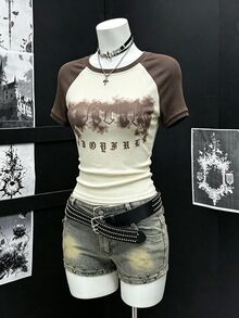 SHEIN LUNE 亞文化街頭酷 Y2K 圖案街頭風復古印花女款圓領 T 恤 外出夜生活白色夏季 - 彩色 - 查看 4