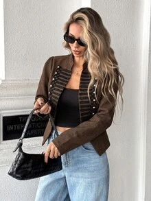 SHEIN PariChic 女款優雅青蛙鈕扣小V領黑色夾克外套 - 咖啡棕 - 查看 7