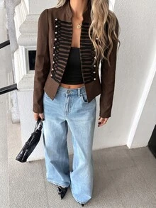 SHEIN PariChic 女款優雅青蛙鈕扣小V領黑色夾克外套 - 咖啡棕 - 查看 5