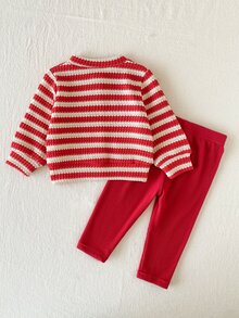 SHEIN Playful Pals Baby Girl Jacket Set Fall Winter Knit Striped Red Cardigan Beige Grey Print Coats Puffer Jacket - Red and White - View 2