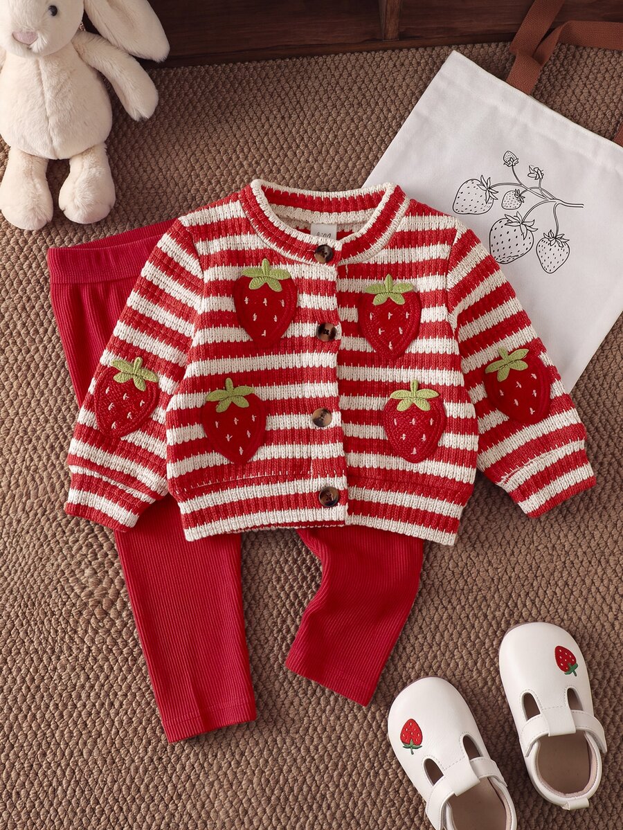 SHEIN Playful Pals Baby Girl Jacket Set Fall Winter Knit Striped Red Cardigan Beige Grey Print Coats Puffer Jacket - Red and White - View 1