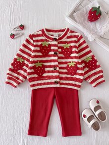 SHEIN Playful Pals Baby Girl Jacket Set Fall Winter Knit Striped Red Cardigan Beige Grey Print Coats Puffer Jacket - Red and White - View 9