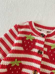SHEIN Playful Pals Baby Girl Jacket Set Fall Winter Knit Striped Red Cardigan Beige Grey Print Coats Puffer Jacket - Red and White - View 5