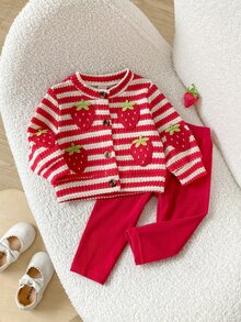 SHEIN Playful Pals Baby Girl Jacket Set Fall Winter Knit Striped Red Cardigan Beige Grey Print Coats Puffer Jacket - Red and White - View 8