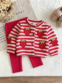 SHEIN Playful Pals Baby Girl Jacket Set Fall Winter Knit Striped Red Cardigan Beige Grey Print Coats Puffer Jacket - Red and White - View 6