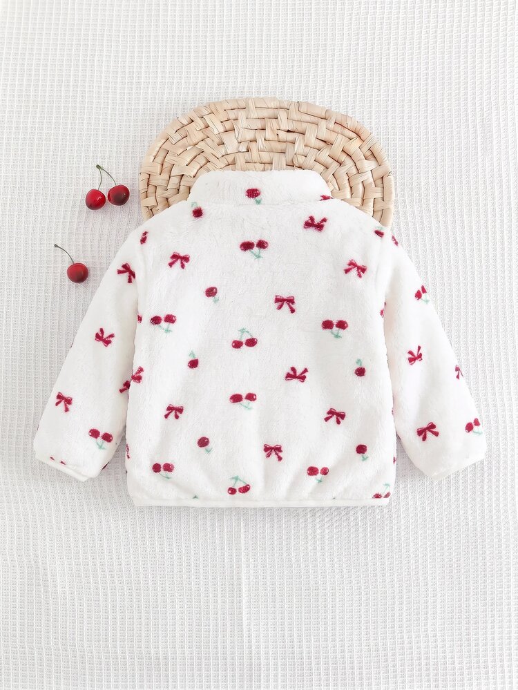 Cozy Pixies Áo khoác bé gái mùa thu/đông phong cách đơn giản thường ngày đa năng, tay dài, họa tiết nơ quả anh đào đỏ dễ thương, lót giữ nhiệt dày, khóa kéo trước, phù hợp mặc thường ngày - Nhiều màu - Xem 2