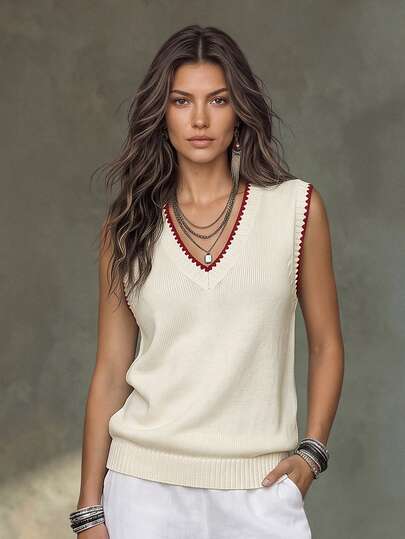 Glimmora Women's Floral Trim V-Neck Casual Preppy Knit Vest Brunch School White And Burgundy Autumn