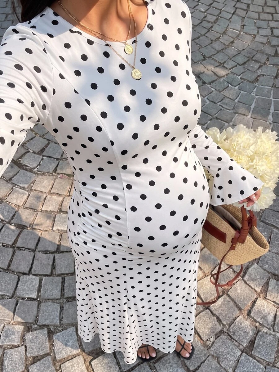 Lyckli Elegant Polka Dot Print Maternity Dress For Autumn Fall - White - View 1