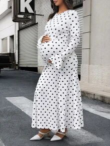 Lyckli Elegant Polka Dot Print Maternity Dress For Autumn Fall - White - View 9