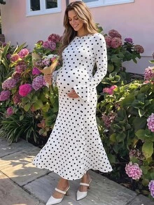 Lyckli Elegant Polka Dot Print Maternity Dress For Autumn Fall - White - View 1