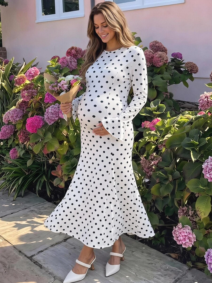 Lyckli Elegant Polka Dot Print Maternity Dress For Autumn Fall - White - View 1