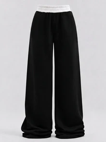 SHEIN Tween Girls Sweatpants Spring Summer Autumn Winter New Casual Versatile Snug Fit Low Waist Elastic Waist Loose Wide Leg Sweatpants, Color Block, Patchwork, Back To School - Black - View 4