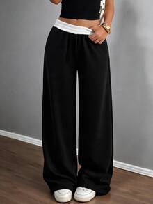 SHEIN Tween Girls Sweatpants Spring Summer Autumn Winter New Casual Versatile Snug Fit Low Waist Elastic Waist Loose Wide Leg Sweatpants, Color Block, Patchwork, Back To School - Black - View 1