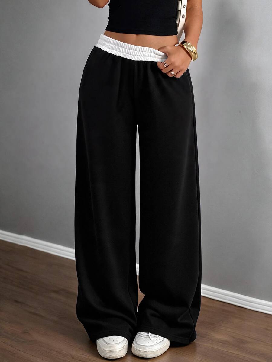 SHEIN Tween Girls Sweatpants Spring Summer Autumn Winter New Casual Versatile Snug Fit Low Waist Elastic Waist Loose Wide Leg Sweatpants, Color Block, Patchwork, Back To School - Black - View 1