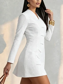 Olia Maree Women's Vintage Elegant Frog Button Long Sleeve Dress - White - View 3
