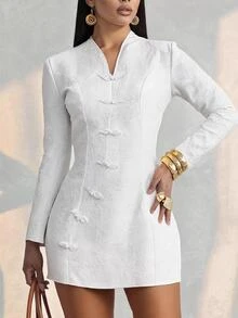Olia Maree Women's Vintage Elegant Frog Button Long Sleeve Dress - White - View 1