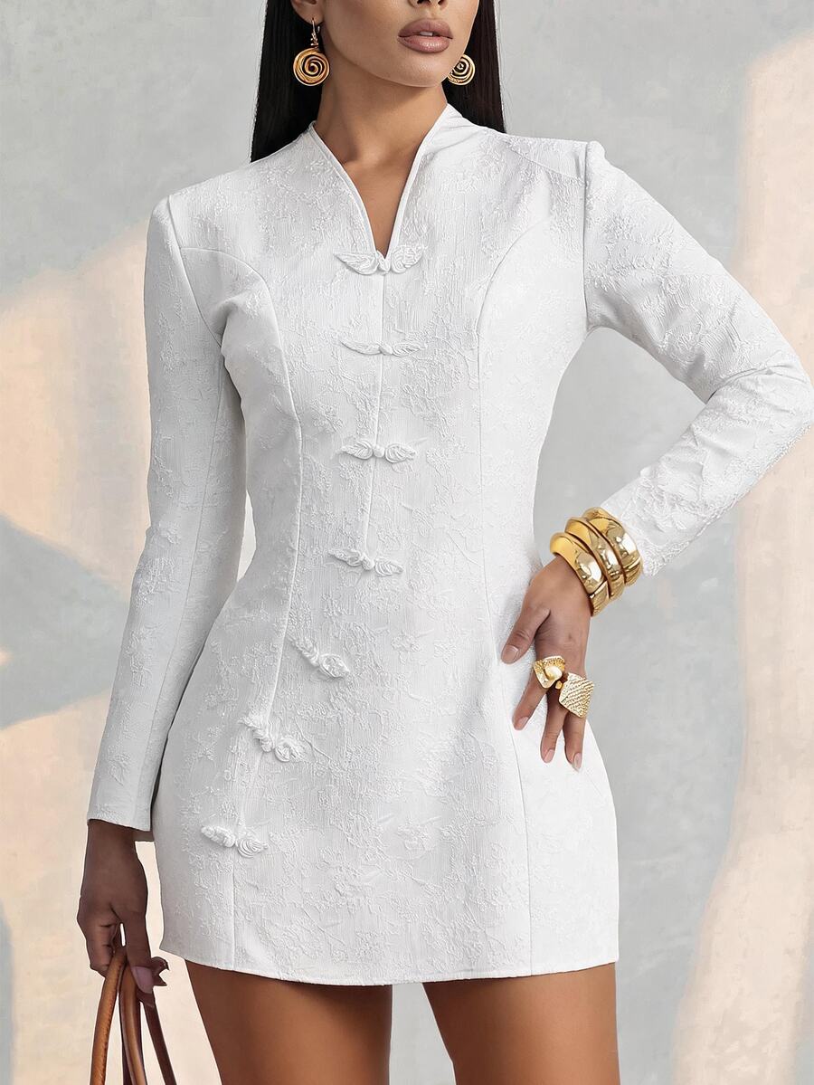Olia Maree Women's Vintage Elegant Frog Button Long Sleeve Dress - White - View 1