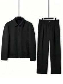 Manfinity Homme Men's Khaki Lapel Collar Elastic Hem Loose Fit Casual 2 Pieces Set - Black - View 3