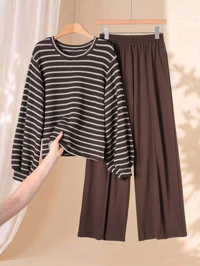 Rusticease Women's Casual Long Sleeve Shirt And Pants 2 Pieces Set, Women's Striped Outfit, Women's Casual Set