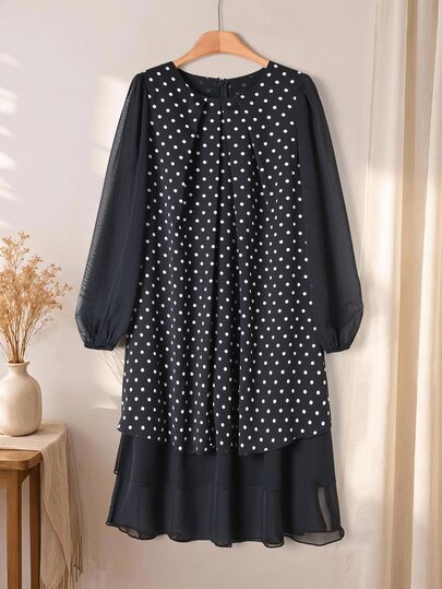 Rusticease Middle-Aged Women Polka Dot Pattern Long Sleeve Round Neck Ruffle Hem Elegant Dress