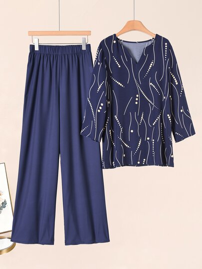 Rusticease Middle-Aged Women Polka Dot Print 3/4 Sleeve Shirt And Wide Leg Pants Casual Set
