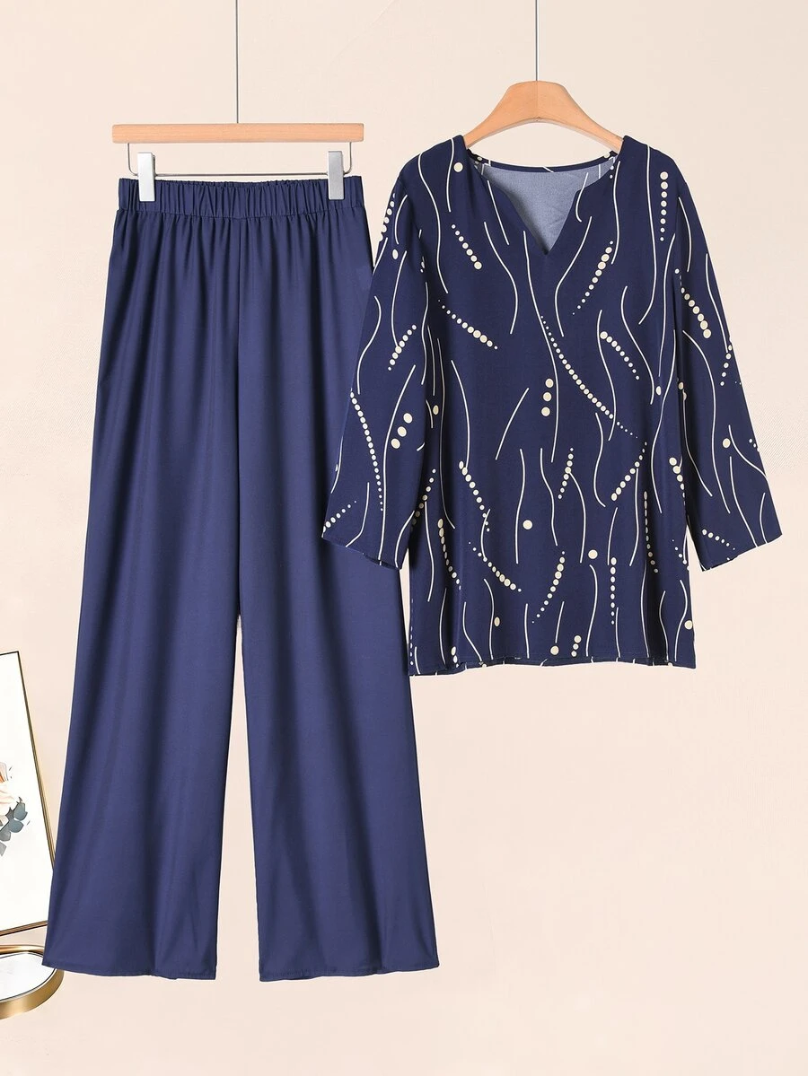 Rusticease Middle-Aged Women Polka Dot Print 3/4 Sleeve Shirt And Wide Leg Pants Casual Set - Blue - View 1