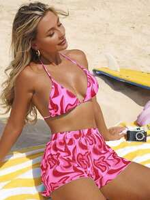 Swim Vcay Set de 3 piezas de bañador tipo tankini con estampado aleatorio - Rosa - Ver 2