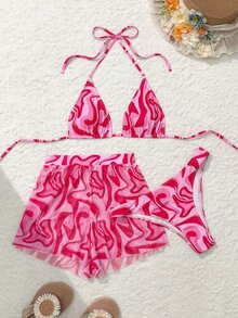 Swim Vcay Set de 3 piezas de bañador tipo tankini con estampado aleatorio - Rosa - Ver 5