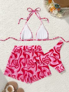 Swim Vcay Set de 3 piezas de bañador tipo tankini con estampado aleatorio - Rosa - Ver 6