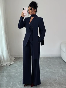 Siren Gaze Women's Solid Color Long Sleeve Double-Breasted Blazer And Pants Elegant Suit Set - Navy Blue - View 5