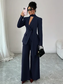 Siren Gaze Women's Solid Color Long Sleeve Double-Breasted Blazer And Pants Elegant Suit Set - Navy Blue - View 6