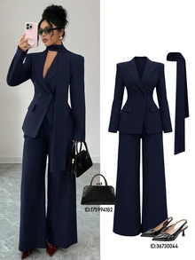 Siren Gaze Women's Solid Color Long Sleeve Double-Breasted Blazer And Pants Elegant Suit Set - Navy Blue - View 1