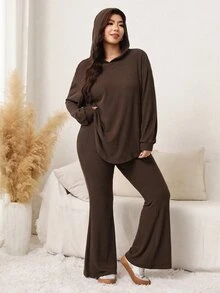 SHEIN LUNE Plus Size Chocolate Brown Autumn Loungewear Casual Soft Form Ribbed 2 Pieces Set Curve Friendly Homewear For Apple Rounded Women Clothing Sets - Brown - View 6