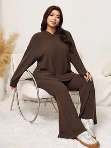 SHEIN LUNE Plus Size Chocolate Brown Autumn Loungewear Casual Soft Form Ribbed 2 Pieces Set Curve Friendly Homewear For Apple Rounded Women Clothing Sets - Brown - View 7