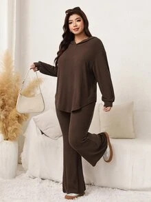 SHEIN LUNE Plus Size Chocolate Brown Autumn Loungewear Casual Soft Form Ribbed 2 Pieces Set Curve Friendly Homewear For Apple Rounded Women Clothing Sets - Brown - View 3