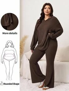 SHEIN LUNE Plus Size Chocolate Brown Autumn Loungewear Casual Soft Form Ribbed 2 Pieces Set Curve Friendly Homewear For Apple Rounded Women Clothing Sets - Brown - View 1