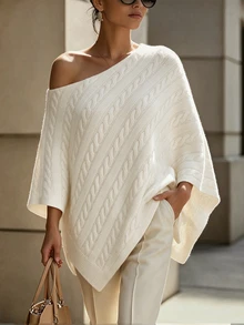 SHEIN Spring Fall Cable Knit Off Shoulder Poncho, Irregular Hem Slimming Elegant Luxurious Knit Pullover Shawl For Women - Beige - View 1