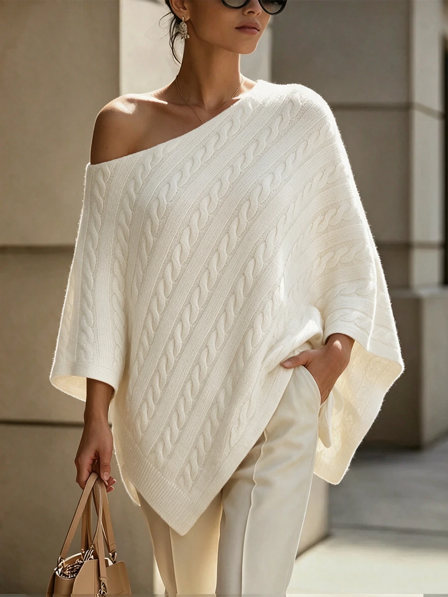 SHEIN Spring Fall Cable Knit Off Shoulder Poncho, Irregular Hem Slimming Elegant Luxurious Knit Pullover Shawl For Women - Beige - View 1
