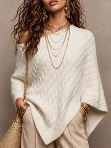 SHEIN Spring Fall Cable Knit Off Shoulder Poncho, Irregular Hem Slimming Elegant Luxurious Knit Pullover Shawl For Women - Beige - View 3
